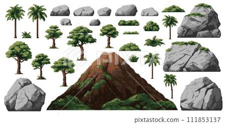 Dinosaur era environment pixel game assets, palms, stones and volcano mountain, vector set. Jurassic world 8bit pixel game elements of stone rocks and green trees for dinosaur island adventure Dinosaur era environment pixel game assets, palms, stones and volcano mountain, vector set. Jurassic world 8bit pixel game elements of stone rocks and green trees for dinosaur island adventure 111853137