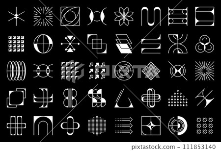Brutalism futuristic abstract shapes, geometric figures and elements, monochrome vector set. Surreal brutalist forms create an avant-garde visual narrative, pushing the boundaries of design innovation Brutalism futuristic abstract shapes, geometric figures and elements, monochrome vector set. Surreal brutalist forms create an avant-garde visual narrative, pushing the boundaries of design innovation 111853140