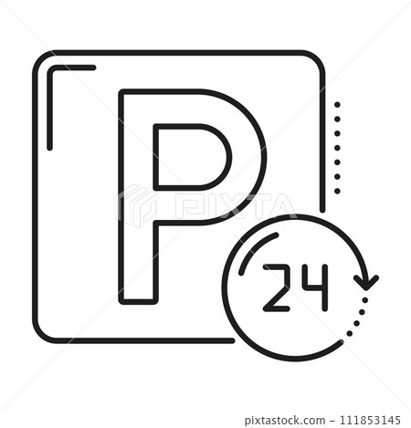 Parking line icon, car park or garage automatic service for 24 hours, vector linear sign. Parking icon for vehicle valet place or public auto garage space lot symbol for smart automatic service app 111853145