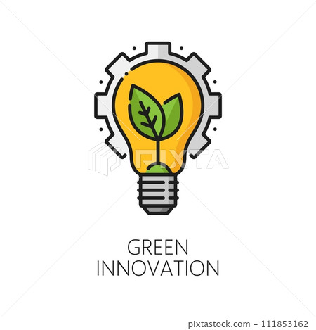 Eco power, green energy innovation outline icon. Renewable energy industry technology, eco and green transport innovation, clean electricity production line vector icon with cog wheel, lamp and leaves Eco power, green energy innovation outline icon. Renewable energy industry technology, eco and green transport innovation, clean electricity production line vector icon with cog wheel, lamp and leaves 111853162