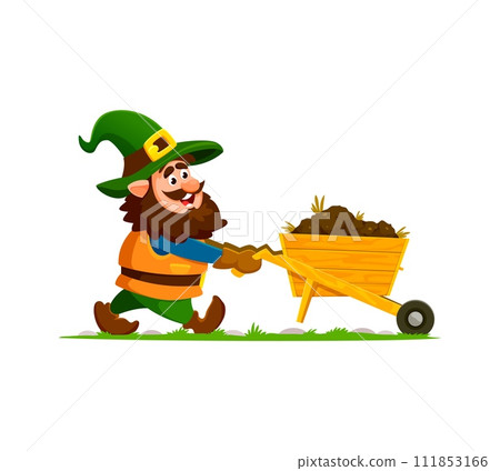 Cartoon gnome or dwarf gardener character smiles proudly, pushing a wheelbarrow filled with rich soil. Isolated vector whimsical personage ready for planting, and green-thumb activities in the garden Cartoon gnome or dwarf gardener character smiles proudly, pushing a wheelbarrow filled with rich soil. Isolated vector whimsical personage ready for planting, and green-thumb activities in the garden 111853166