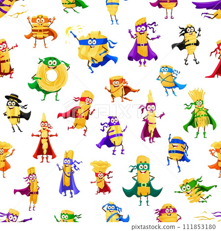 Cartoon Italian pasta food superhero characters seamless pattern. Wrapping paper or fabric vector background with radiatori, fettuccine, manicotti, malloreddus and fiory trofie pasta funny personages 111853180