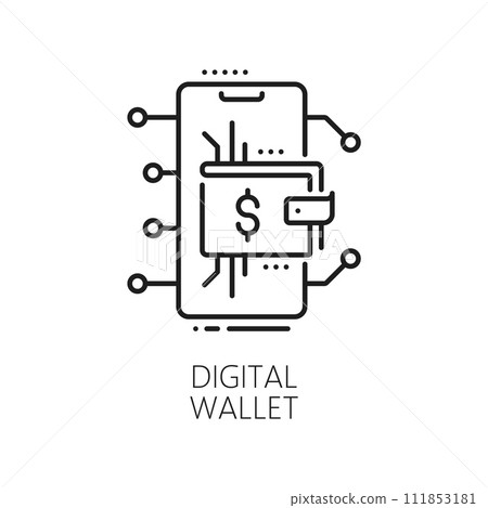 Blockchain digital wallet, cryptocurrency online technology, fintech line icon. Digital commerce and business, network payment outline vector icon with wallet, mobile phone and motherboard traces 111853181
