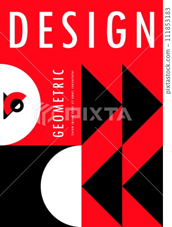 Modern abstract poster, bauhaus geometric pattern in red, black and white hues. Vector vibrant cover or contemporary background design blending bold shapes and colors for a dynamic visual experience 111853183