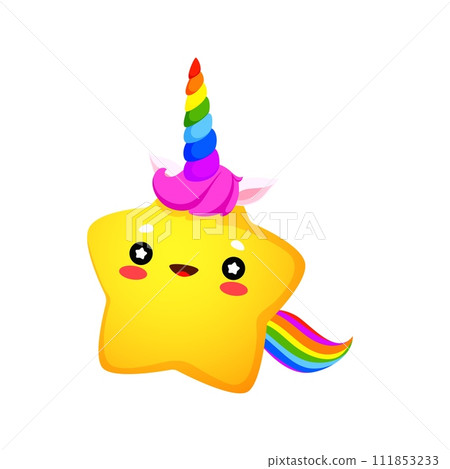 Cartoon cute kawaii star unicorn character. Vector little twinkle star corn personage with funny rainbow horn, ears and tail. Happy starry corn emoticon and space unicorn emoji with happy smile 111853233