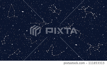 Space sky celestial seamless pattern with vector map of star constellations, sparks and planets. Dark night sky background with silhouettes of cassiopeia, andromeda, delphinus, pegasus constellations 111853313