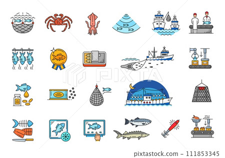 Fishing industry line icons of fishery boat, fish and seafood in outline vector. Sea fishing industry linear color icons of fisherman net or ship with fishnet, fish procession and production equipment Fishing industry line icons of fishery boat, fish and seafood in outline vector. Sea fishing industry linear color icons of fisherman net or ship with fishnet, fish procession and production equipment 111853345
