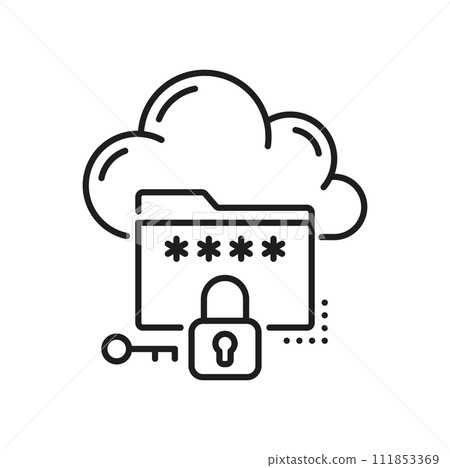 Cloud storage, database and network server icon. Hosting platform, file transfer storage or data backup datacenter thin line vector symbol. Network technology service outline icon or pictogram 111853369