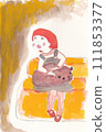 Girl sitting and looking up to the side 111853377