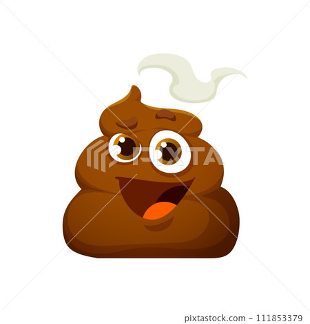 Cartoon poop emoji, funny poo excrement character, happy toilet shit emoticon. Isolated vector cheerful turd personage with a smiling face, playful eyes and sticky smell, convey a sense of amusement 111853379
