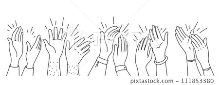 Doodle applause hands silhouettes. People clapping hands, vector outline audience of men and women raising arms and making applause. Fun, party, celebration or greetings, bravo and ovation concept Doodle applause hands silhouettes. People clapping hands, vector outline audience of men and women raising arms and making applause. Fun, party, celebration or greetings, bravo and ovation concept 111853380