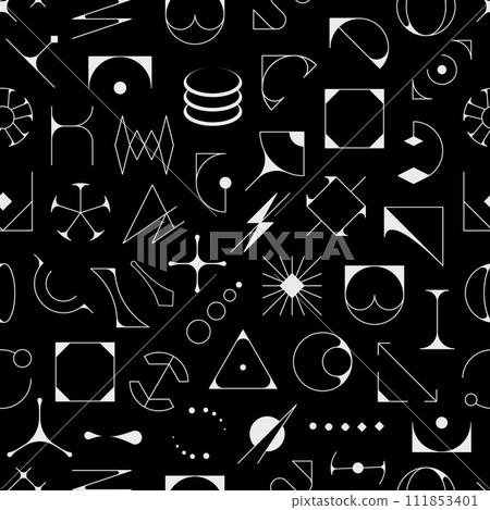Futuristic brutalism shapes and geometric figures seamless pattern. Vector tile background with angular structures, stark lines and bold shapes creating a bold and powerful visual repeating design Futuristic brutalism shapes and geometric figures seamless pattern. Vector tile background with angular structures, stark lines and bold shapes creating a bold and powerful visual repeating design 111853401