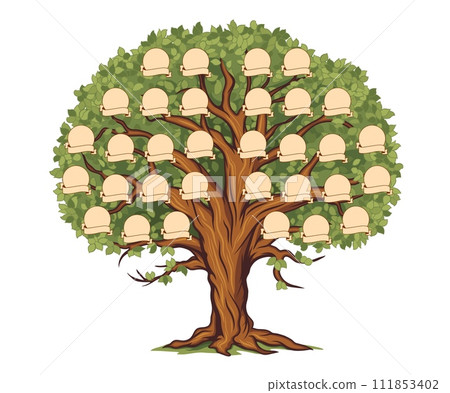 Genealogy family tree or ancestry history branch with frames for photo, vector template. Family tree with blank picture and name ribbons with parents relationship connection for generation genealogy Genealogy family tree or ancestry history branch with frames for photo, vector template. Family tree with blank picture and name ribbons with parents relationship connection for generation genealogy 111853402