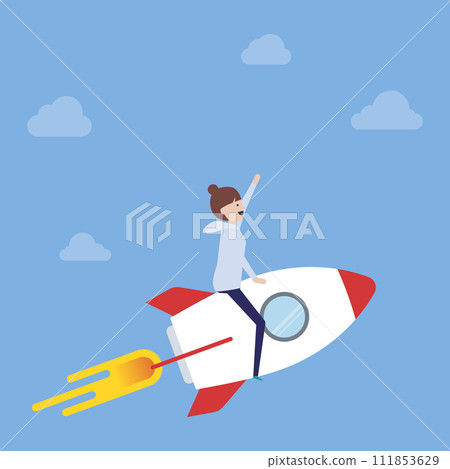 A smiling young Japanese woman takes off into the sky on a rocket 111853629