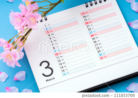 March calendar and cherry blossoms March calendar and cherry blossoms 111853700