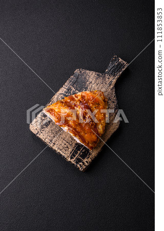 Delicious smoked ham or chicken meat with salt, spices and french mustard Delicious smoked ham or chicken meat with salt, spices and french mustard 111853853