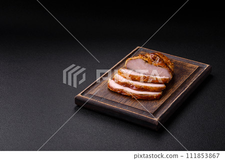Delicious smoked ham or chicken meat with salt, spices and french mustard 111853867