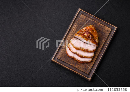 Delicious smoked ham or chicken meat with salt, spices and french mustard Delicious smoked ham or chicken meat with salt, spices and french mustard 111853868