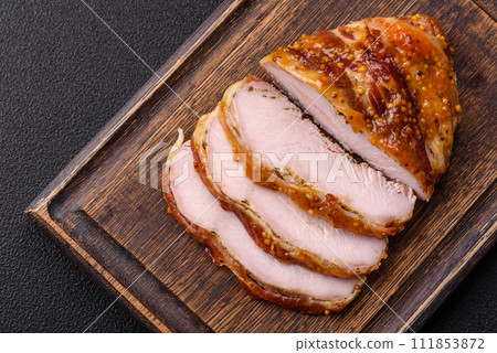 Delicious smoked ham or chicken meat with salt, spices and french mustard Delicious smoked ham or chicken meat with salt, spices and french mustard 111853872