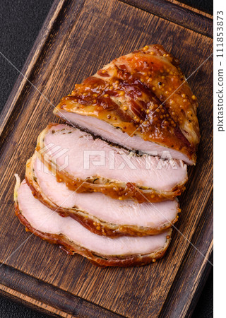 Delicious smoked ham or chicken meat with salt, spices and french mustard Delicious smoked ham or chicken meat with salt, spices and french mustard 111853873