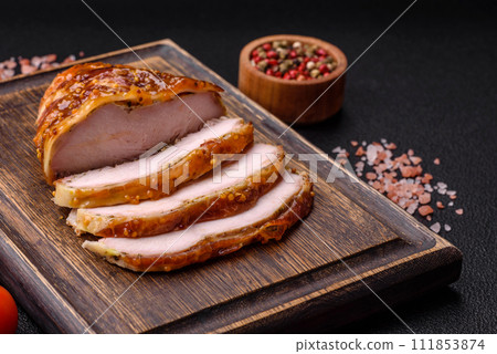 Delicious smoked ham or chicken meat with salt, spices and french mustard Delicious smoked ham or chicken meat with salt, spices and french mustard 111853874