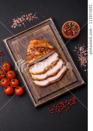 Delicious smoked ham or chicken meat with salt, spices and french mustard 111853881