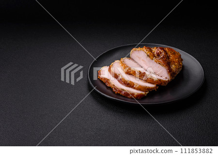 Delicious smoked ham or chicken meat with salt, spices and french mustard 111853882