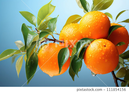 Tangerines or clementines with green leaf on blue background 111854156