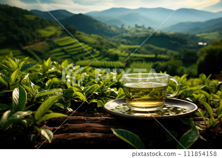 Cup of tea on a saucer against the background of a tea plantation in the mountains 111854158