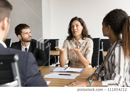 Mature businesswoman talking to multiethnic colleagues at meeting table 111854212
