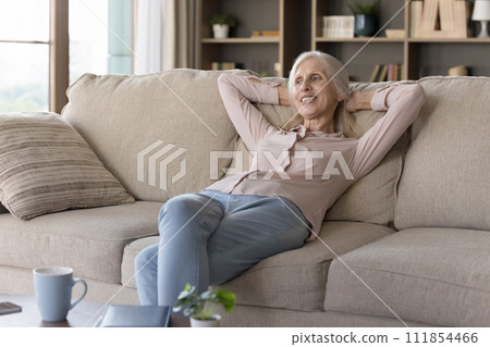 Happy dreamy senior woman relaxing alone in modern living room Happy dreamy senior woman relaxing alone in modern living room 111854466