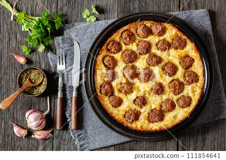 Meatball Hash Brown Casserole in baking dish Meatball Hash Brown Casserole in baking dish 111854641