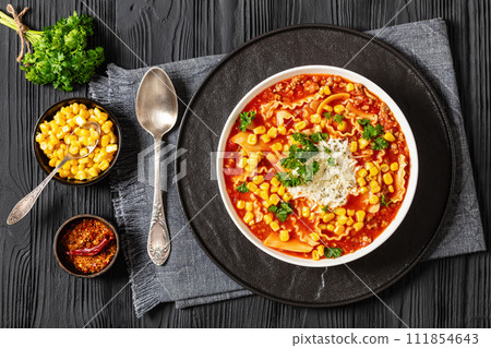 lasagna soup with ground beef, corn, tomato paste lasagna soup with ground beef, corn, tomato paste 111854643