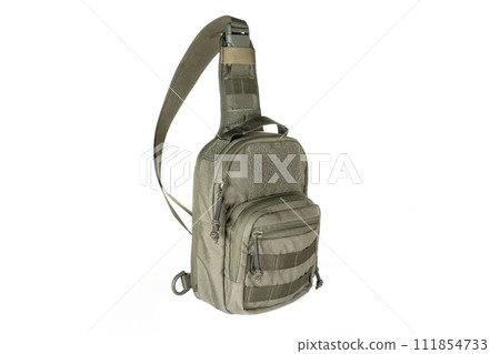 Backpack bag gear protective color khaki, tactical sports equipment isolated on white background Backpack bag gear protective color khaki, tactical sports equipment isolated on white background 111854733