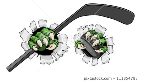 Ice Hockey Stick Puck Claws Cartoon Monster Hands 111854785