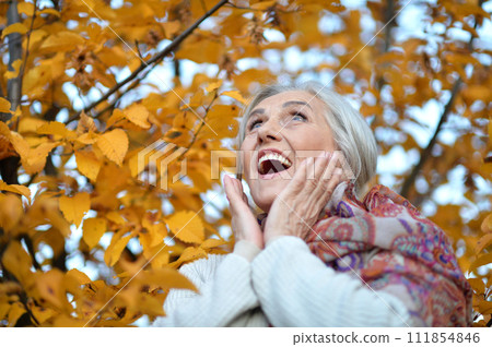 Beautiful senior woman posing in autumn park Beautiful senior woman posing in autumn park 111854846