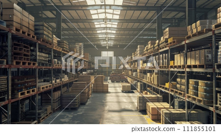 AI-generated content. Retail warehouse with shelves stacked with goods in cardboard boxes. Product distribution logistics center. 111855101