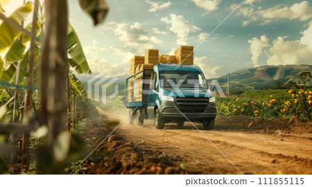 AI-generated content. Truck transporting haystacks, driving along an empty road against fields background. Summer harvesting and distribution 111855115