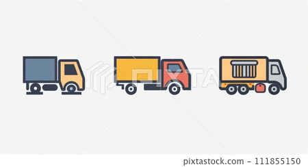 AI-generated content. Different types of trucks placed in a line. Worldwide delivery by trucks. Fast and reliable delivery service. Cartoon style 111855150
