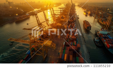 AI-generated content. Aerial view of seaport at sunrise, with cargo cranes and stacked shipping containers. Lively port, containers being loaded on massive cargo ship. 111855210