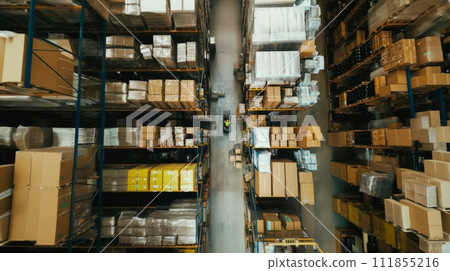 AI-generated content. Aerial view of warehouse with shelves packed with cardboard boxes. Worker driving forklift. Efficient and systematic approach to inventory management 111855216