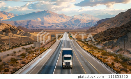 AI-generated content. Aerial view of truck driving on empty road around mountains background. Poster for campaign promoting road safety for truck drivers. 111855230