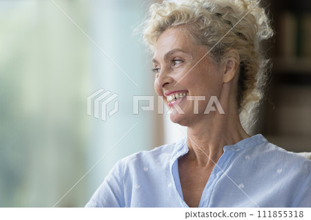 Closeup laughing beautiful mature woman, smile, staring away Closeup laughing beautiful mature woman, smile, staring away 111855318