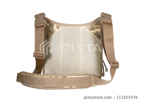 Backpack bag gear protective color khaki, tactical sports equipment isolated on white background Backpack bag gear protective color khaki, tactical sports equipment isolated on white background 111855476