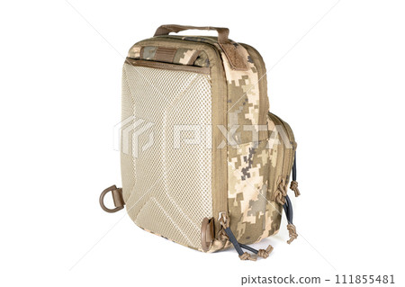 Backpack bag gear protective color khaki, tactical sports equipment isolated on white background Backpack bag gear protective color khaki, tactical sports equipment isolated on white background 111855481