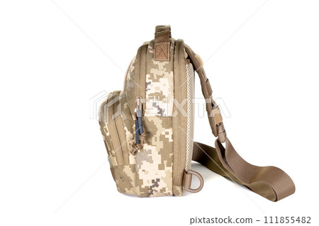 Backpack bag gear protective color khaki, tactical sports equipment isolated on white background Backpack bag gear protective color khaki, tactical sports equipment isolated on white background 111855482