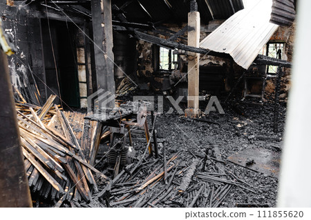 Burned Out House With with wooden beams Burned Out House With with wooden beams 111855620