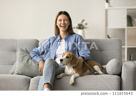 Happy joyful dog owner woman resting on comfortable stylish couch Happy joyful dog owner woman resting on comfortable stylish couch 111855643