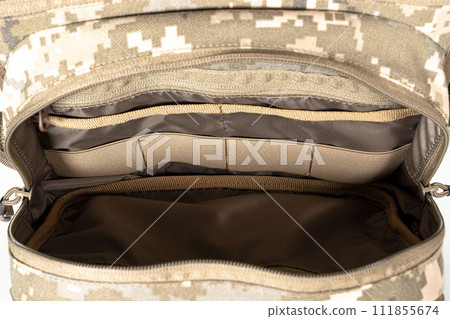 Backpack bag gear protective color khaki, tactical sports equipment isolated on white background 111855674