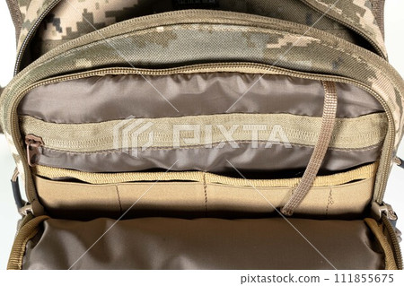 Backpack bag gear protective color khaki, tactical sports equipment isolated on white background 111855675